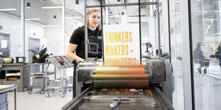 RIT Student Leah Rosen Sets Type By Hand and Prints Her Own Designs on Vintage Presses in the SHED’s Cary Pressroom