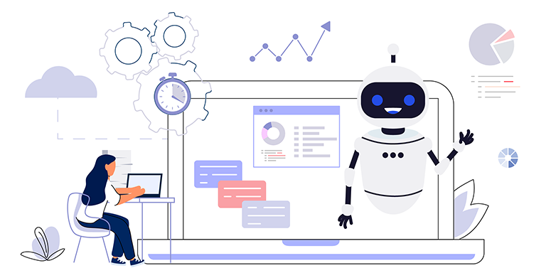 illustration of a woman sitting at a desk and asking AI questions