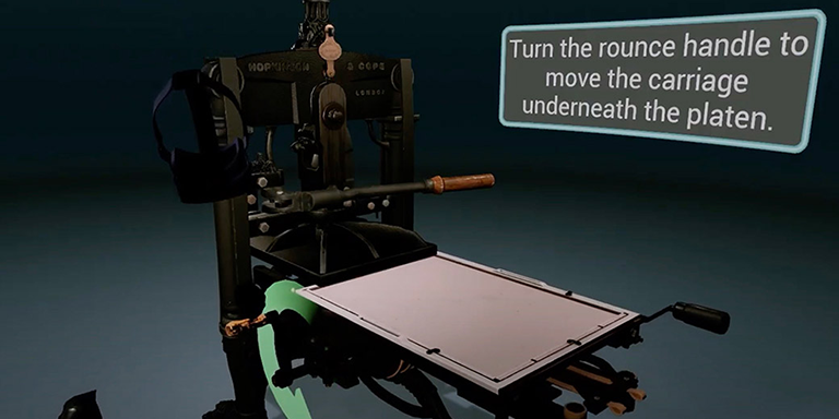 View of a virtual reality printing press on screen